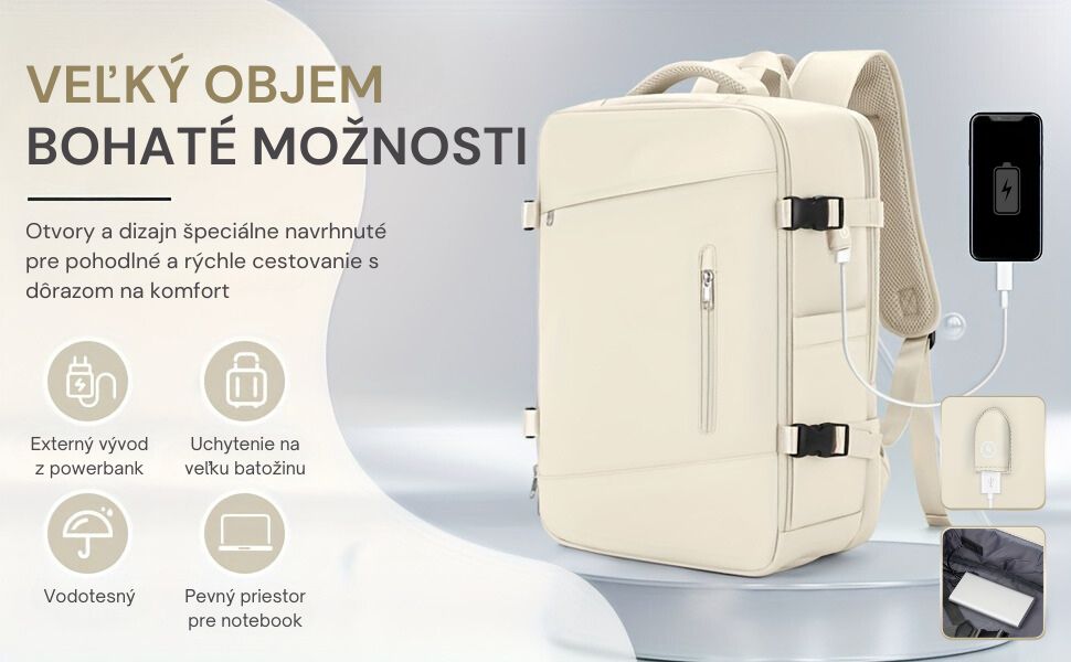 Multifunkčný batoh s veľkým objemom, externým výstupom na powerbanku, úchytom na veľkú batožinu, vodotesným dizajnom a pevným priestorom pre notebook